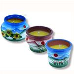 Candele alla Citronella antivento in vasetti di coccio decorati a mano set 3 pezzi
