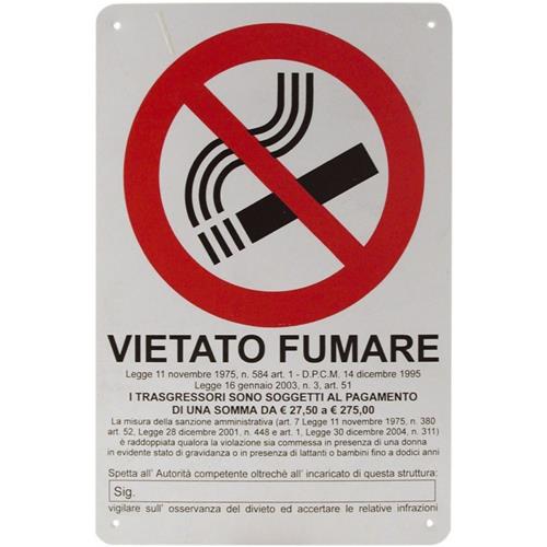 Cartello VIETATO FUMARE con decreto legge, in alluminio, cm. 30x20